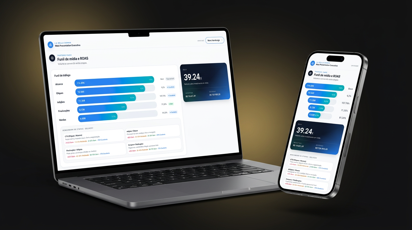 Dashboard executivo Augeapice em laptop e celular